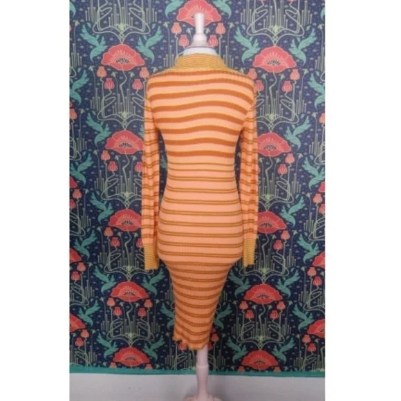 Free People Orange Yellow Striped Knit Vista Cardigan Sweater Dress XS Free People Orange Yellow Striped Knit Vista Cardigan Sweater Dress XS